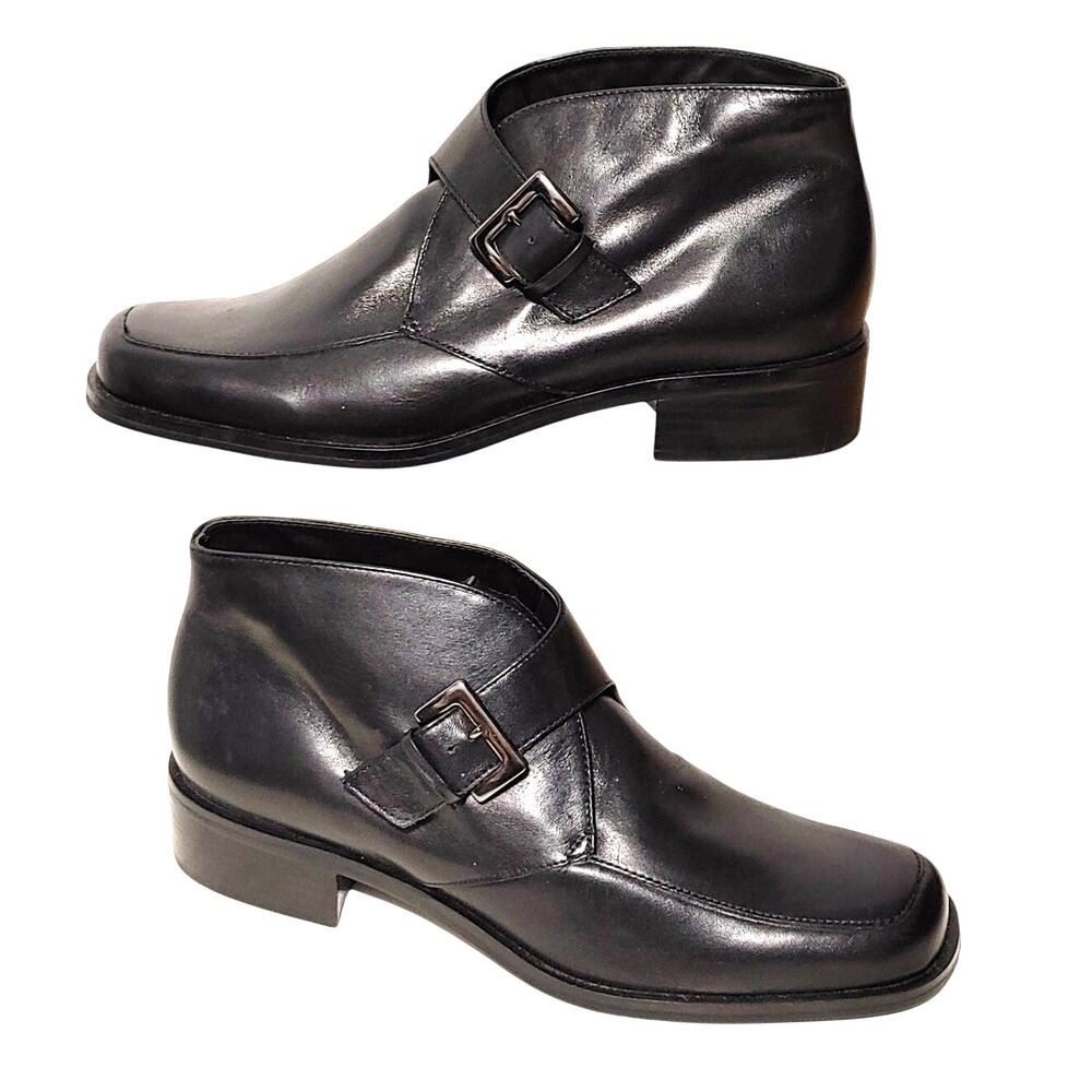 Etienne Aigner High Top Ankle Boot Genuine Leather Black Buckle Womens 7.5M